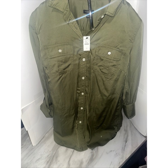 Talbots Olive Green Button Down Shirt Tunic Two Pocket Long Sleeve Top Small - Picture 3 of 5